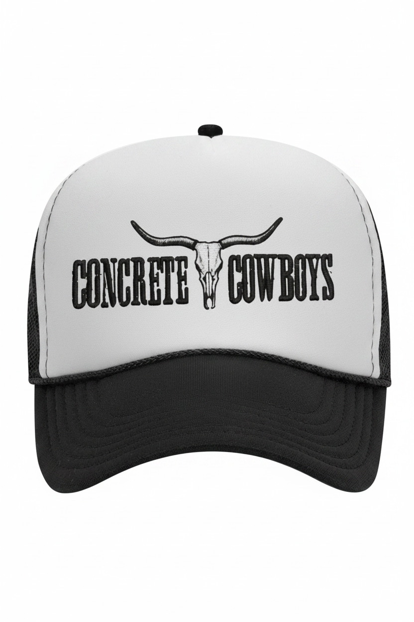 Trucker Hat -  Black and White Embroidered